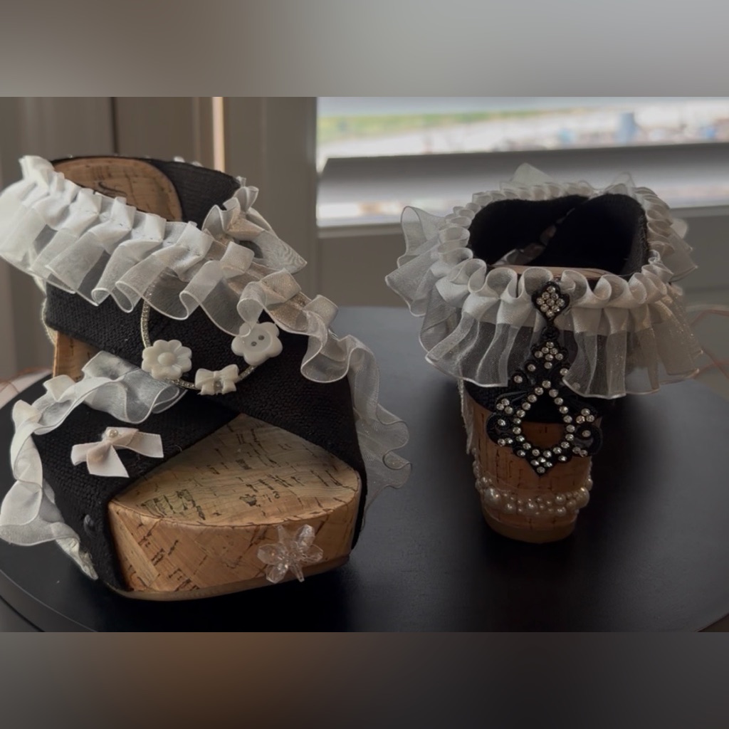 Custom Cork Wedge Platform Sandals Artisan Hand Adorned Black & White, 8